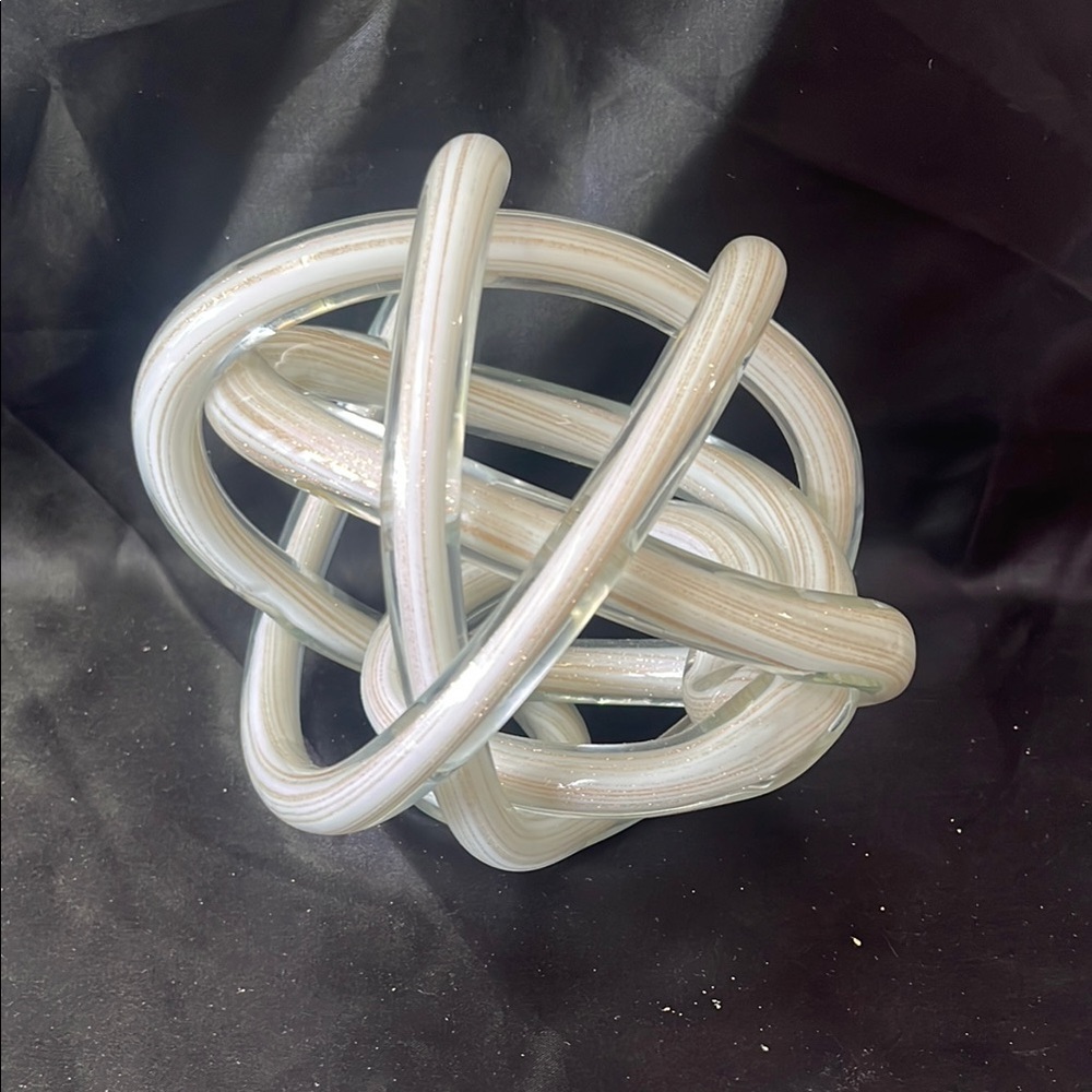 Unique Twisted Knot Art Glass Sculpture - White With Gold Sparkle Stripes